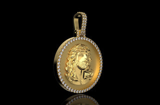 14k yellow gold custom round 3d diamond jesus head medallion pendant