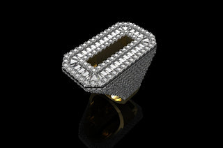14k 2 tone yellow and white gold custom 3d initil "O" baguette and round diamond ring