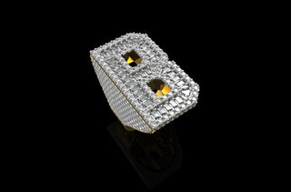 14k yellow gold custom initial "b" style baguette diamond and round diamond ring