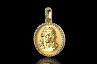 14k yellow gold custom round 3d diamond jesus head medallion pendant
