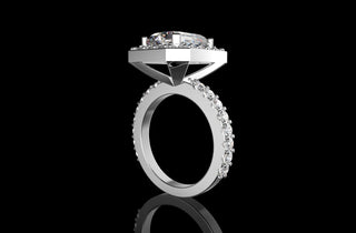18k white gold custom emerald cut halo diamond engagement ring prong setting