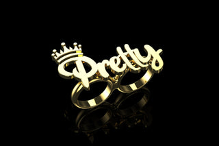 14k yellow gold "pretty" with crown style double finger ring