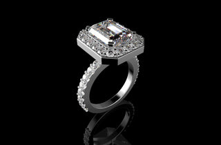 18k white gold custom emerald cut halo diamond engagement ring prong setting