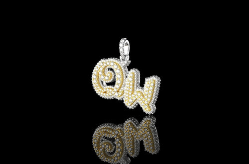 14K 2 TONE YELLOW AND WHITE GOLD DOUBLE LAYER CUSTOM MINI "QW" STYLE DIAMOND PENDANT