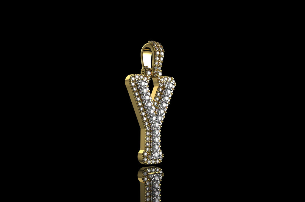 14k 2 tone yellow and white gold double layer initial Y diamond pendant