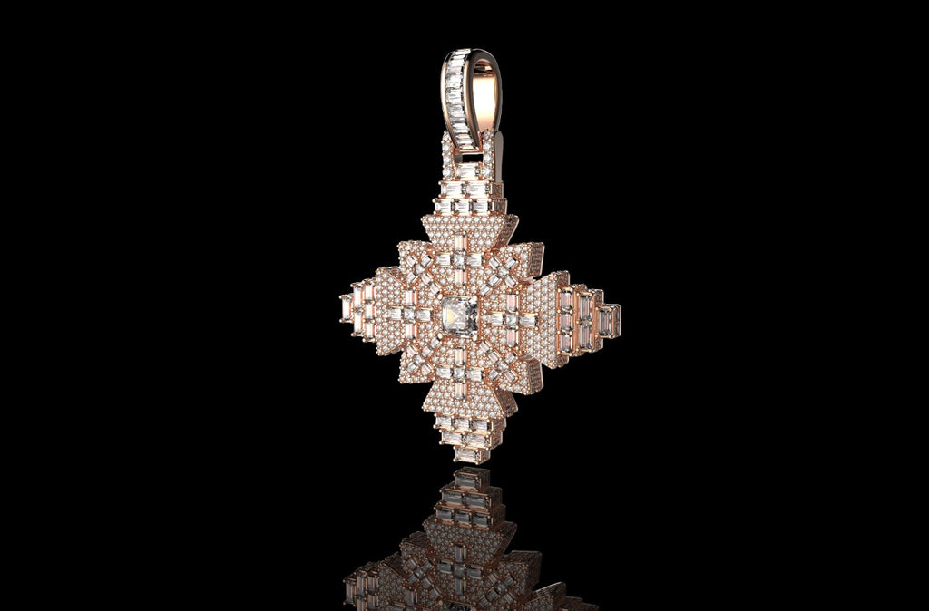 14K ROSE GOLD 3D CUSTOM GEOMETRIC DIAMOND CROSS