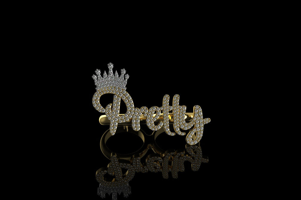 14k 2 tone yellow and white gold "pretty" with crown style diamond double finger ring