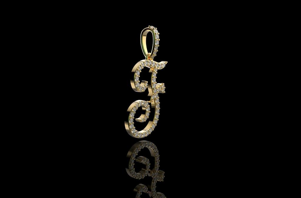 14k yellow gold Script initial F diamond pendant