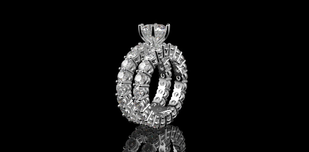 18K WHITE GOLD CUSTOM ETERNITY DIAMOND ENGAGEMENT RING WITH MATCHING DIAMOND ETERNITY BAND