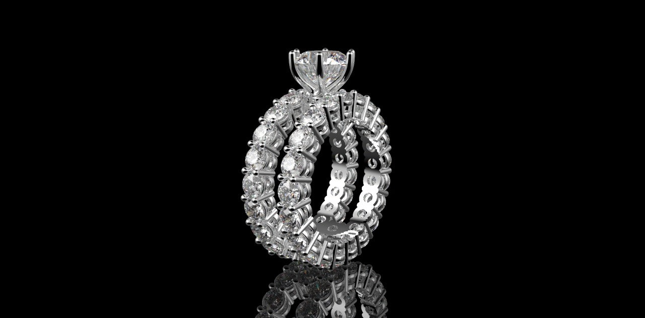 18K WHITE GOLD CUSTOM ETERNITY DIAMOND ENGAGEMENT RING WITH MATCHING DIAMOND ETERNITY BAND