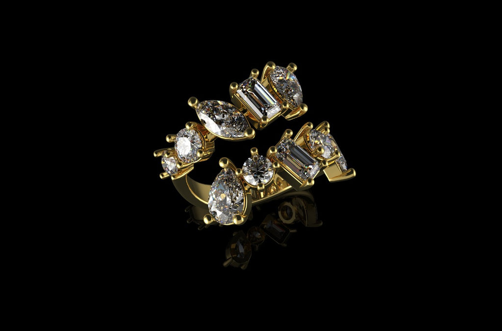 14k yellow gold multi shape stone diamond ring with split