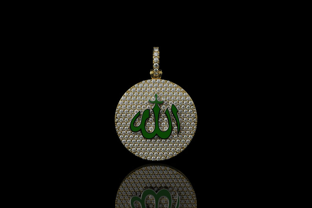 14k yellow gold custom "allah" green enamel round medallion diamond pendant