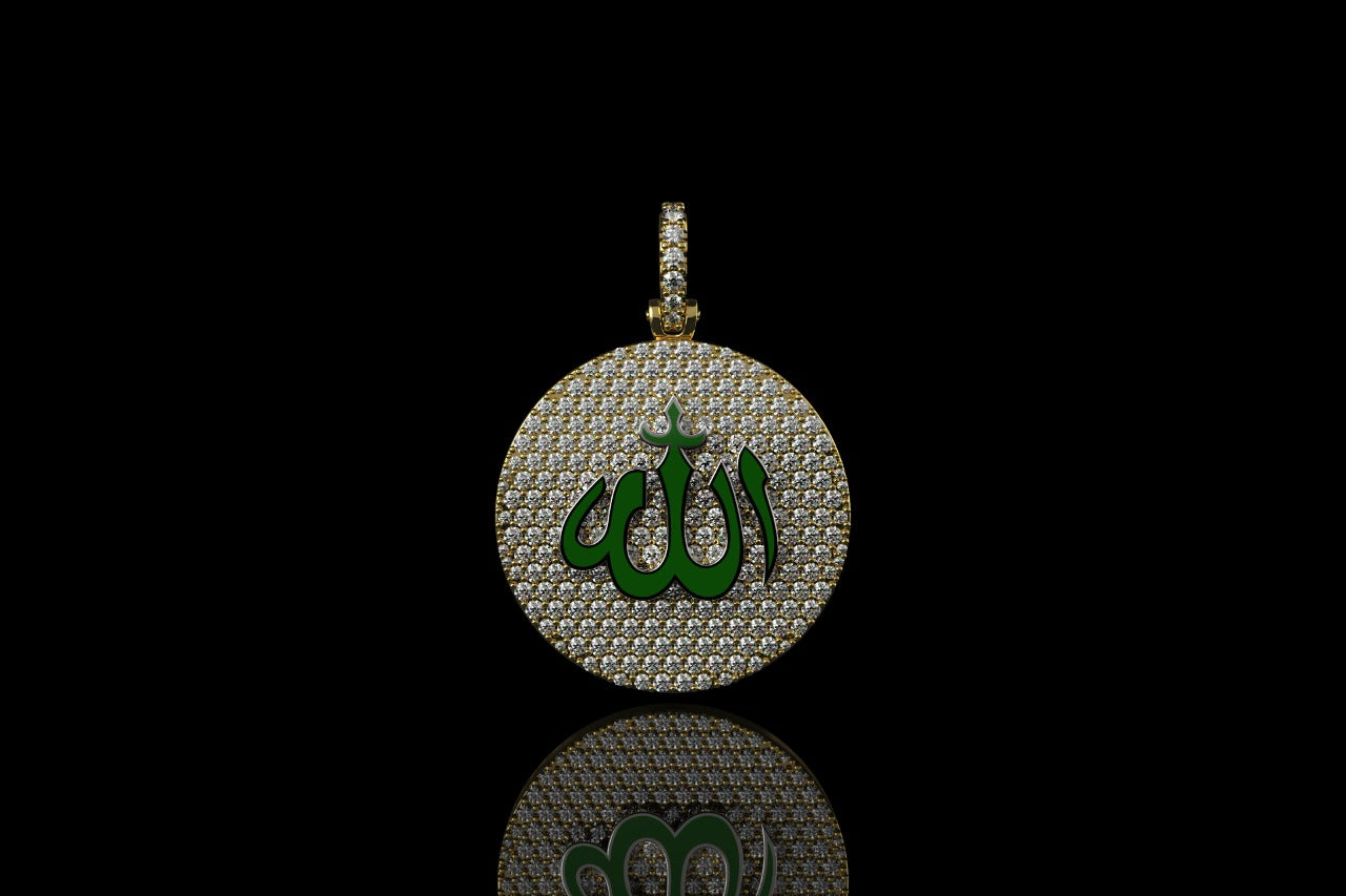14k yellow gold custom "allah" green enamel round medallion diamond pendant