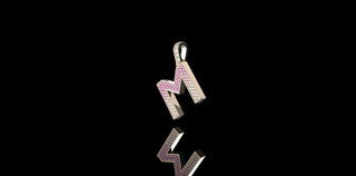14k yellow gold initial M pendant with pink sapphires and diamonds