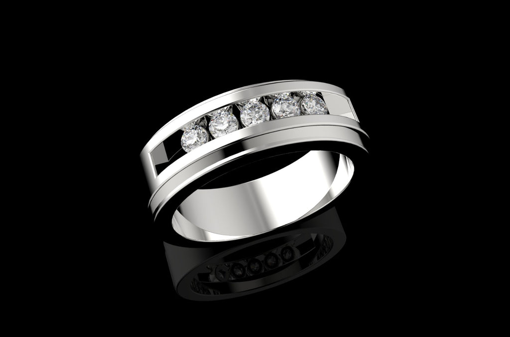 14k white gold mens custom wide 5 stone diamond wedding band