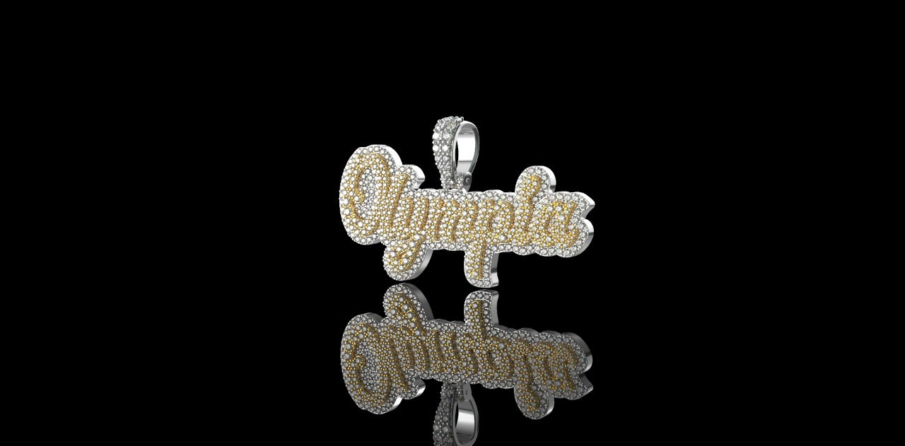 14k 2 tone white and yellow gold double layer "Olympia" style custom diamond pendant