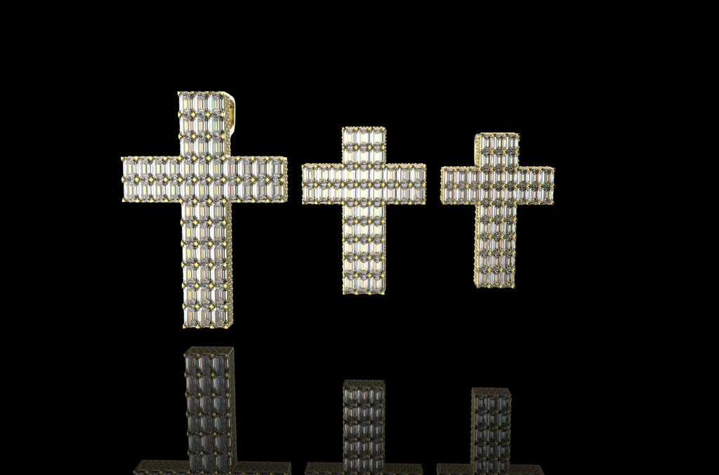 14K YELLOW GOLD CUSTOM BAGUETTE DIAMOND CROSS WITH DIAMOND PROFILE