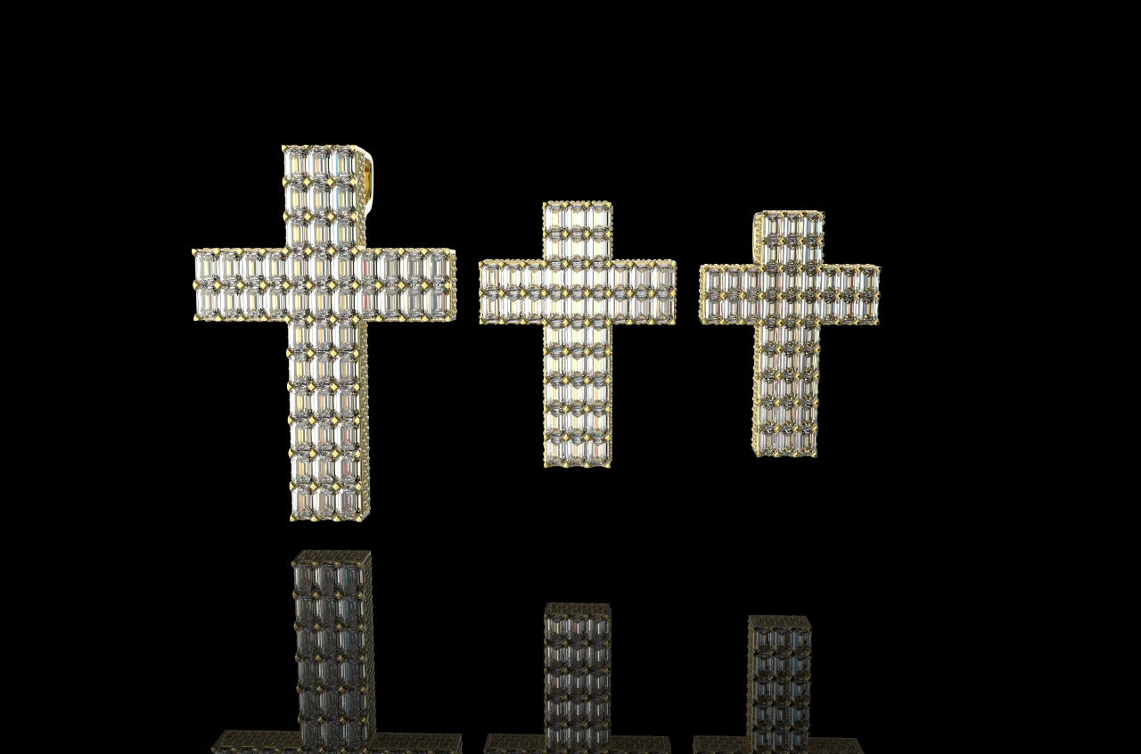 14K YELLOW GOLD CUSTOM BAGUETTE DIAMOND CROSS WITH DIAMOND PROFILE