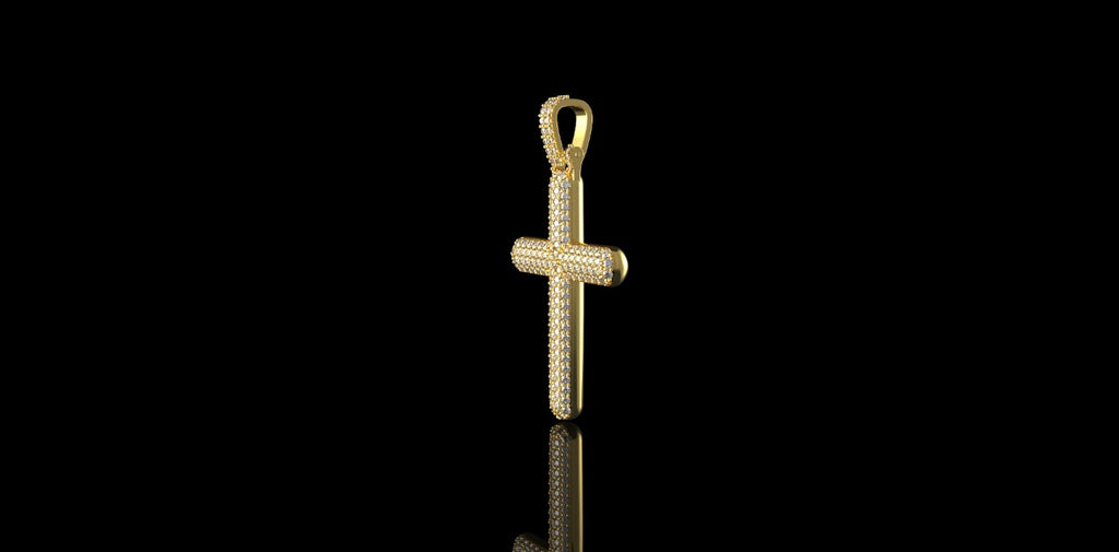 14k yellow gold flower set pave diamond cross pendant
