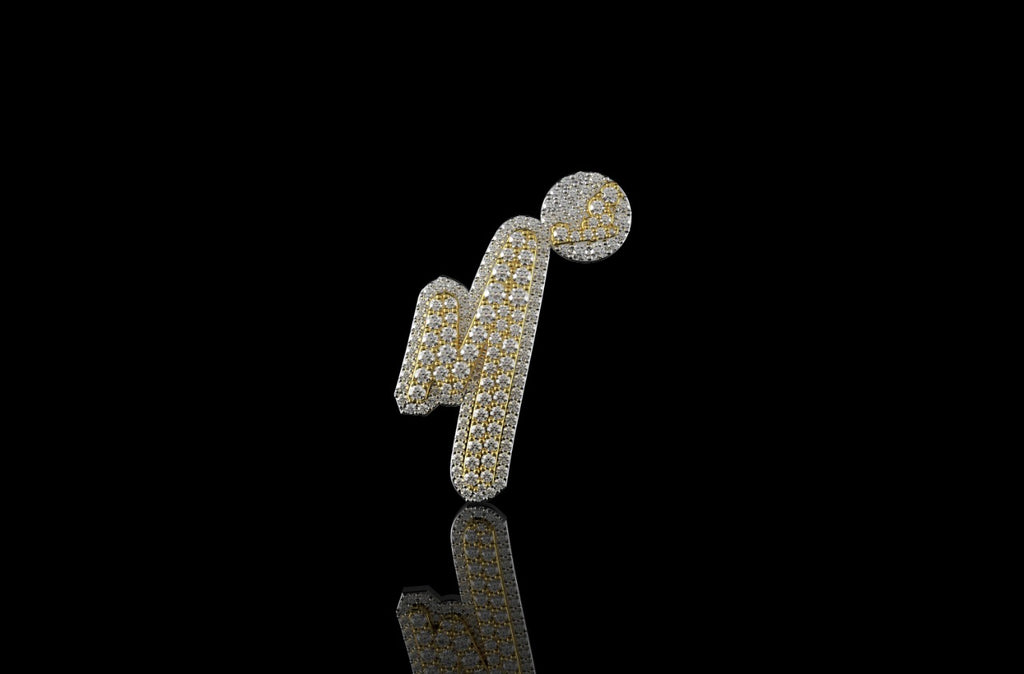 14K 2 TONE YELLOW AND WHITE GOLD 3D CUSTOM MINI INITIAL "M" DIAMOND PENDANT