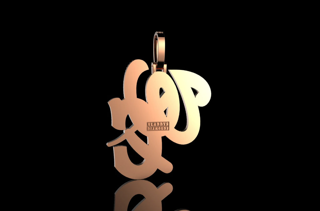 14k 2 tone rose and white gold "WC" with barber razor blade black and white diamond pendant
