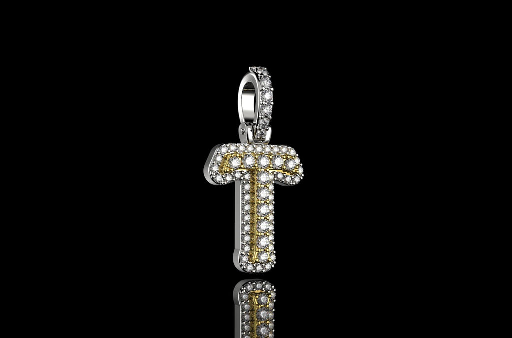14k 2 tone yellow and white gold double layer small initial T diamond pendant