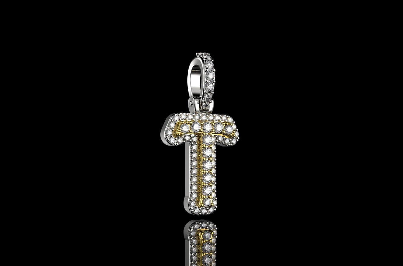 14k 2 tone yellow and white gold double layer small initial T diamond pendant