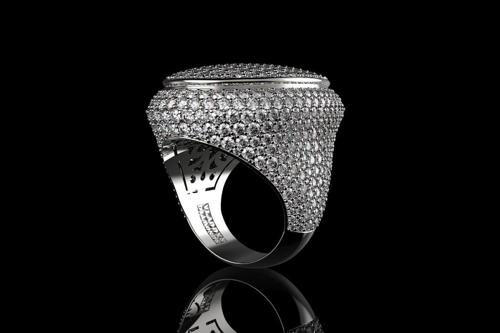 14k white gold large custom mens 3d oval shape diamond ring with bezel ring