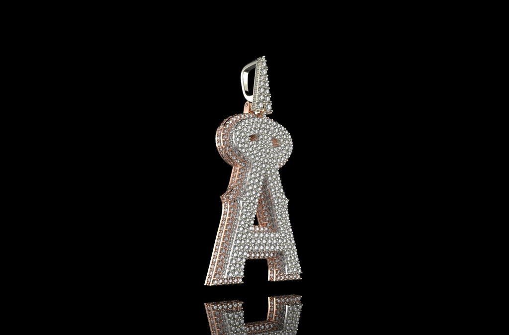 14K 2 tone ROSE and white GOLD DOUBLE LAYER CUSTOM INITIAL "A" DIAMOND PENDANT WITH PROFILE DIAMONDS