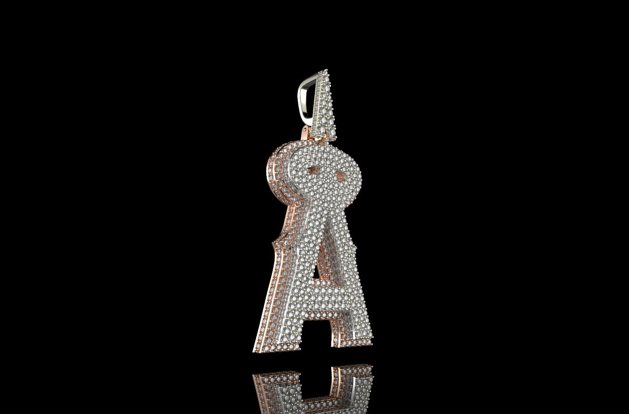 14K 2 tone ROSE and white GOLD DOUBLE LAYER CUSTOM INITIAL "A" DIAMOND PENDANT WITH PROFILE DIAMONDS