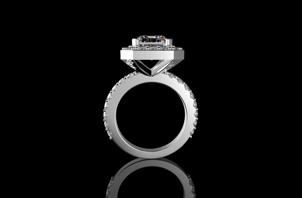 18k white gold custom emerald cut halo diamond engagement ring prong setting