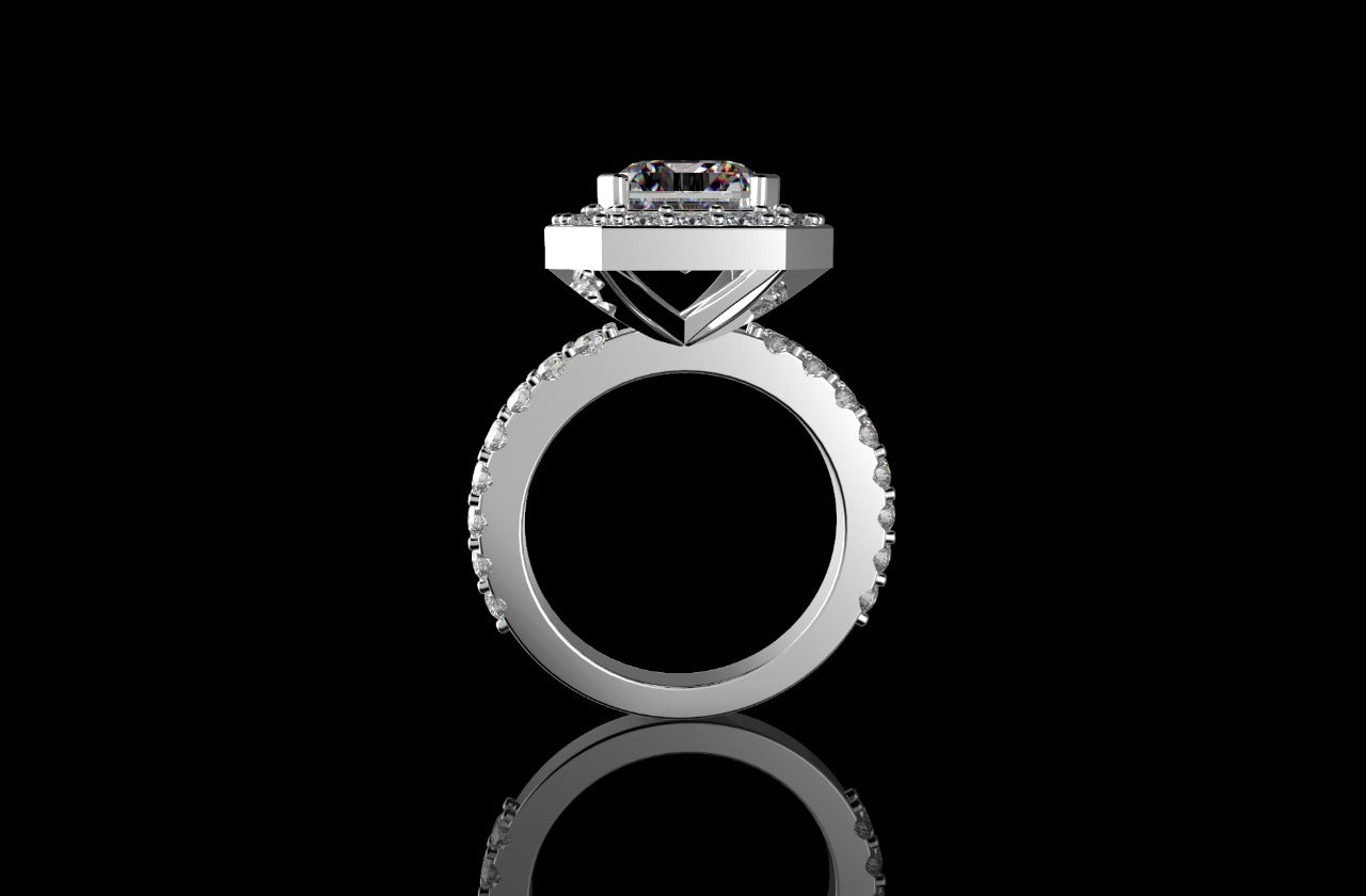 18k white gold custom emerald cut halo diamond engagement ring prong setting