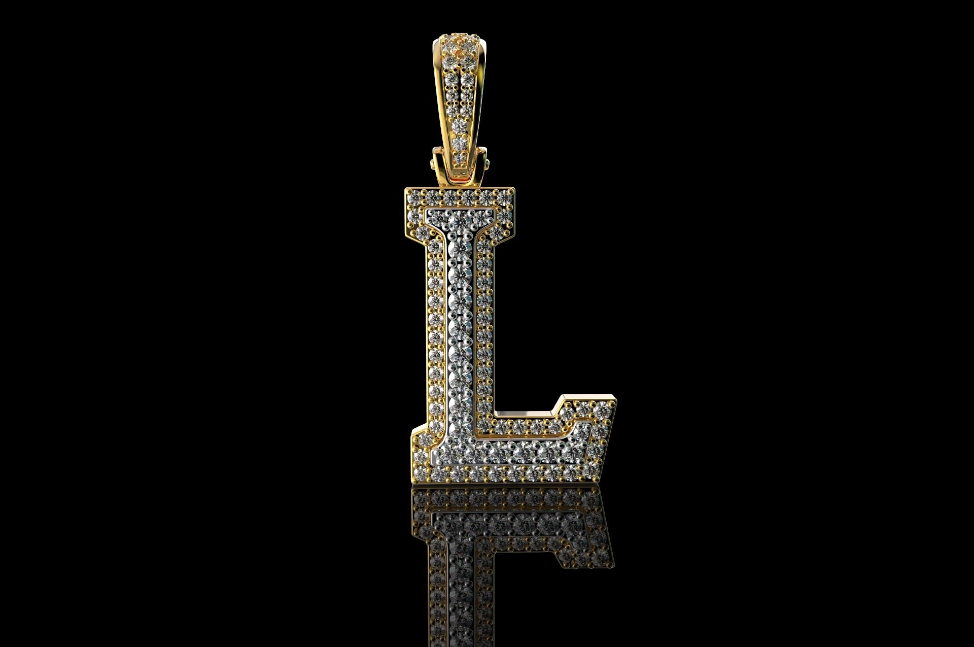14k 2 tone yellow and white gold double layer initial L diamond pendant