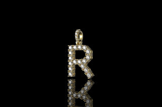 14k yellow gold custom diamond "R" initial pendant