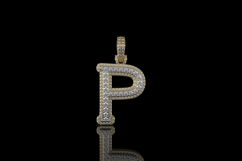 14k 2 tone yellow and white gold double layer initial P diamond pendant