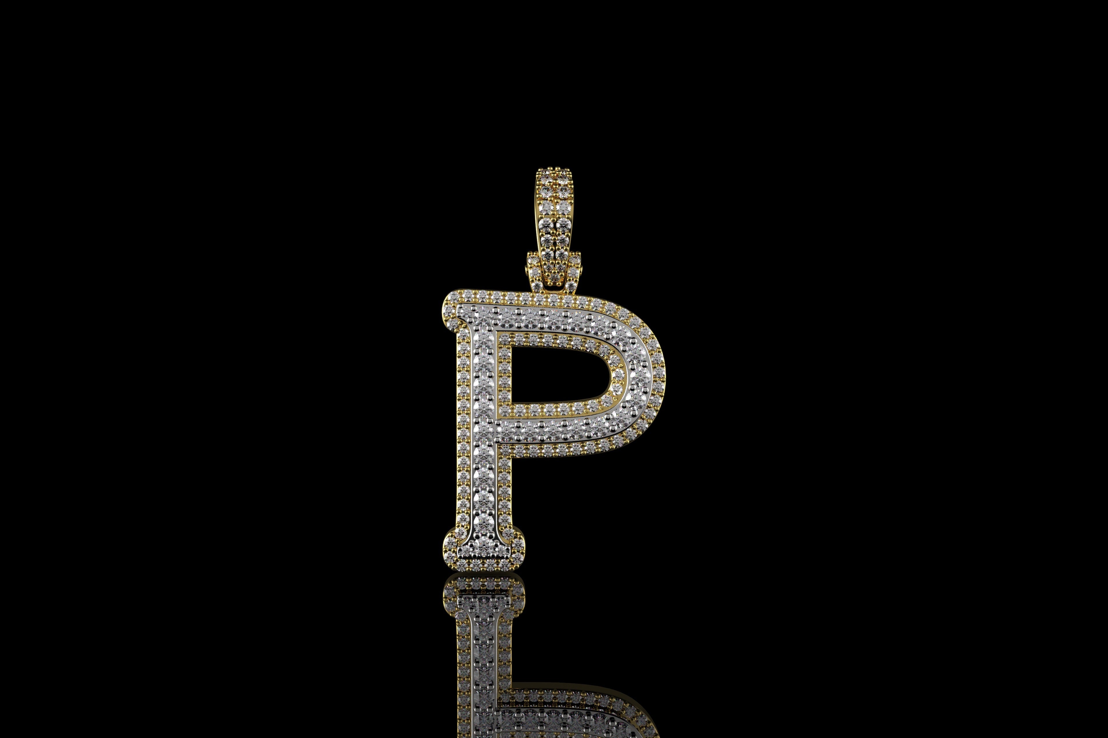 14k 2 tone yellow and white gold double layer initial P diamond pendant