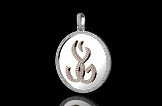 14k 2 tone rose and white gold double layer large round custom diamond pendant shiny background
