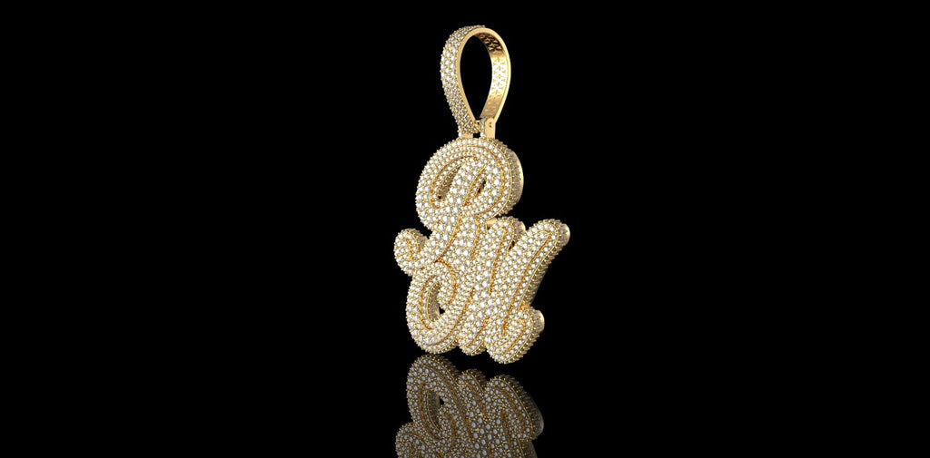 14K YELLOW GOLD CUSTOM 3D "RM" STYLE PENDANT DIAMOND PROFILE