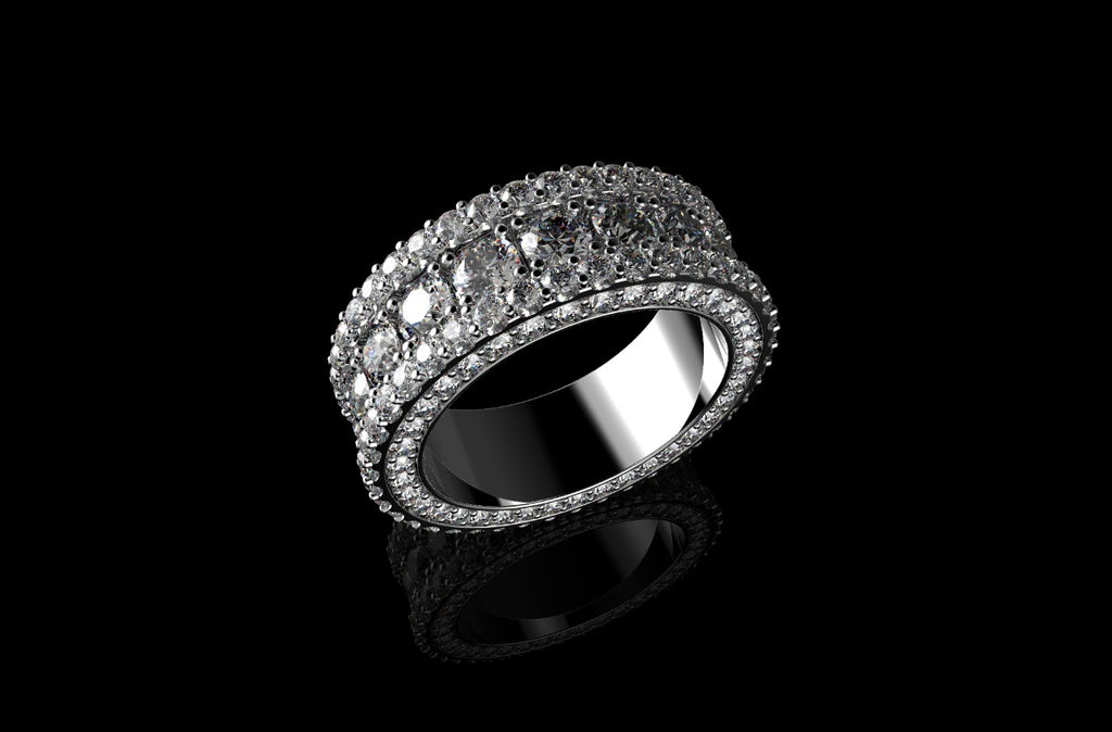 14k white gold custom made mens 3d 3 row jumbo diamond eternity band profile diamonds