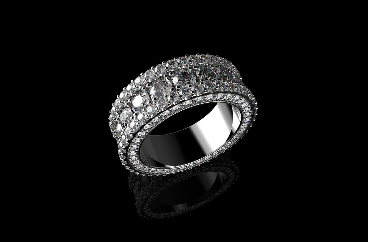 14k white gold custom made mens 3d 3 row jumbo diamond eternity band profile diamonds