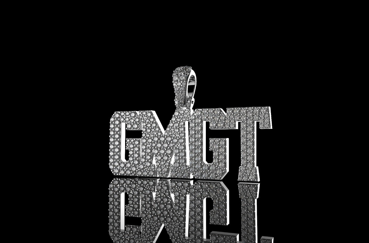 14k white gold custom "gmgt" style diamond pendant