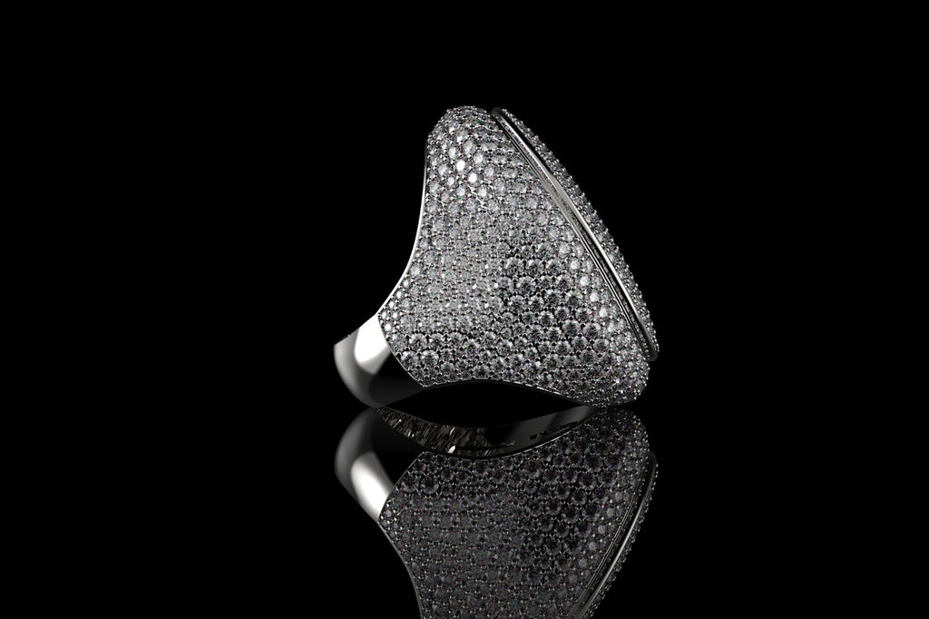 14k white gold large custom mens 3d oval shape diamond ring with bezel ring
