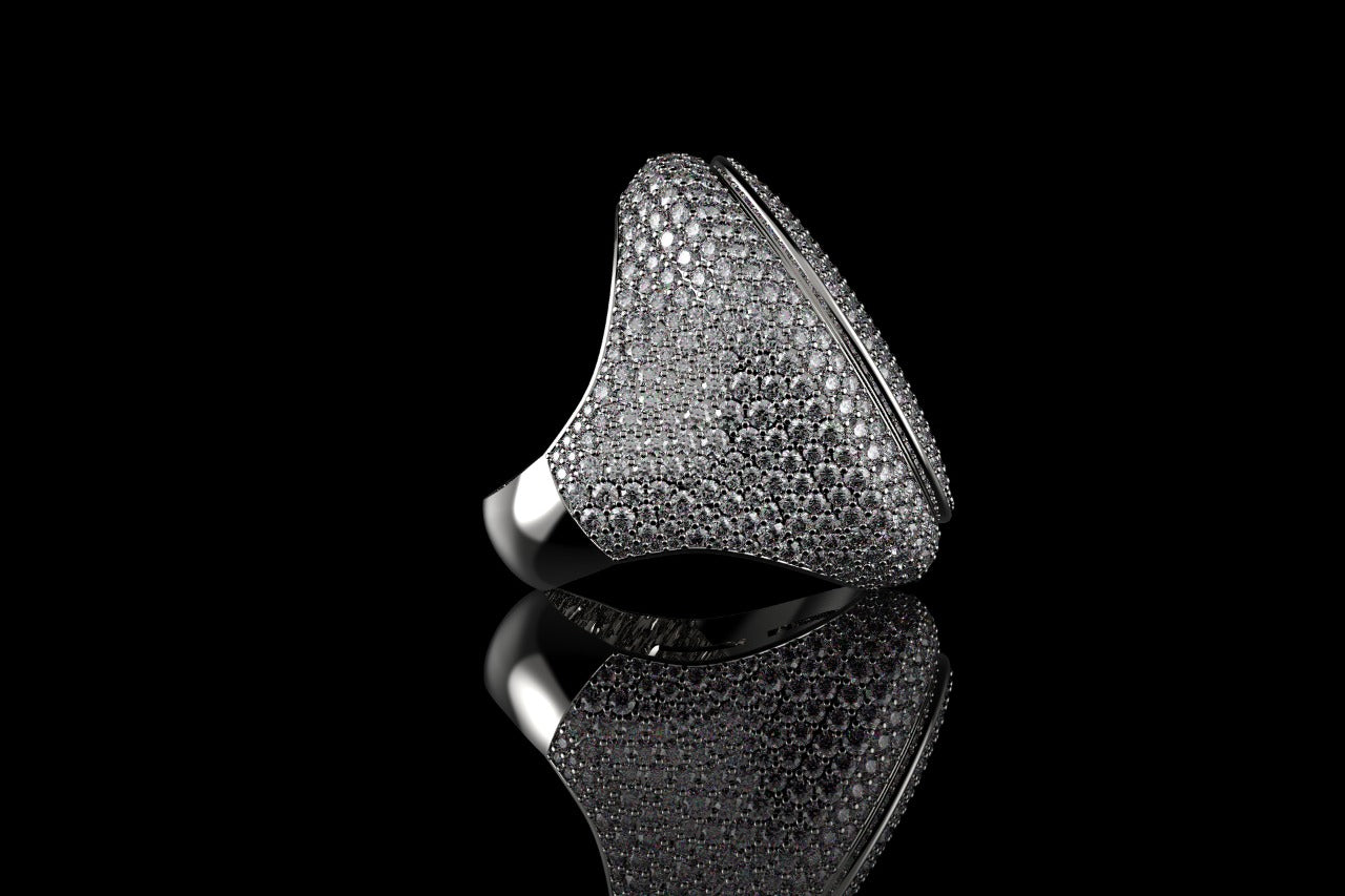 14k white gold large custom mens 3d oval shape diamond ring with bezel ring