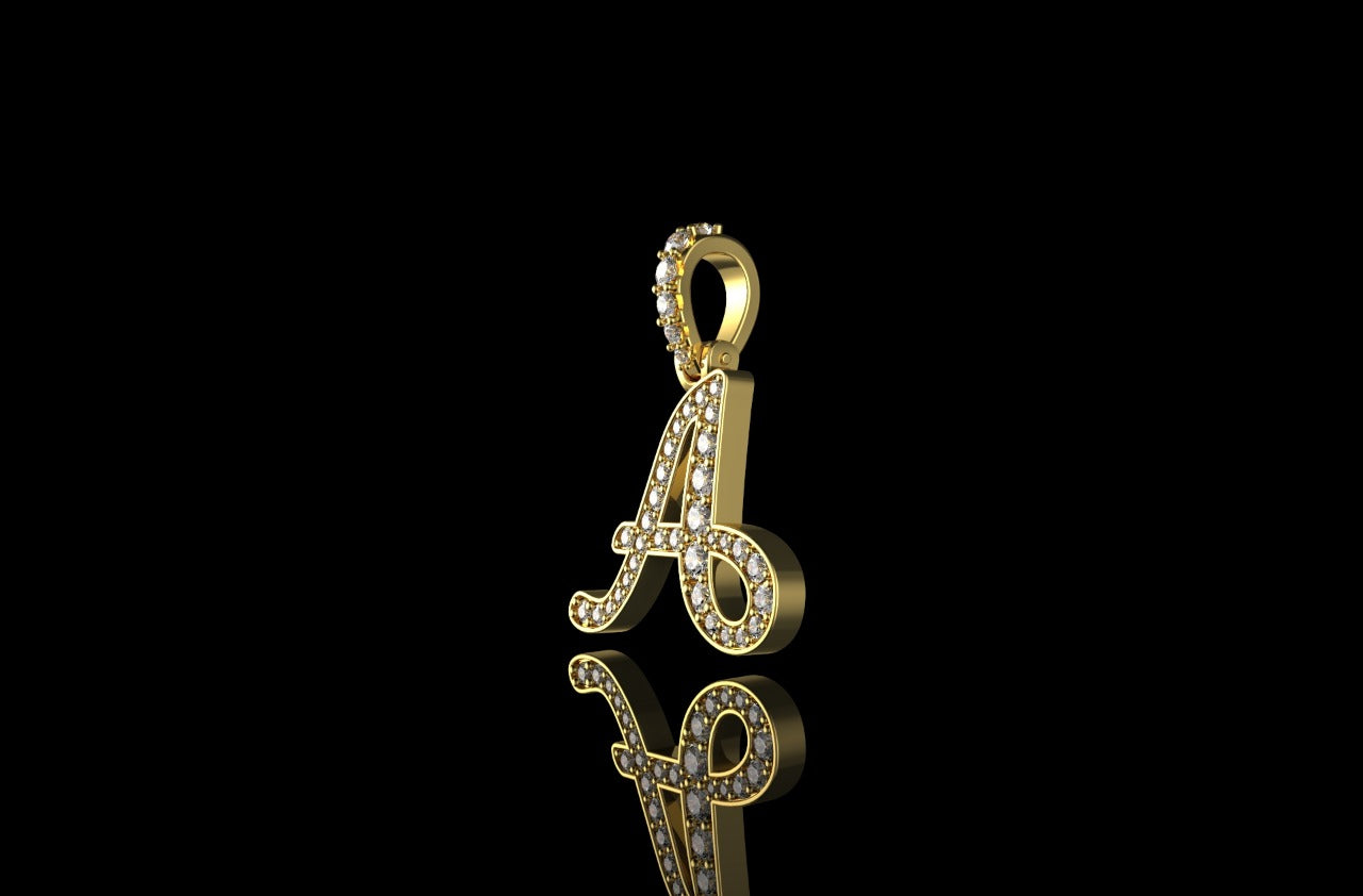 14k yellow gold single layer Script initial A diamond pendant