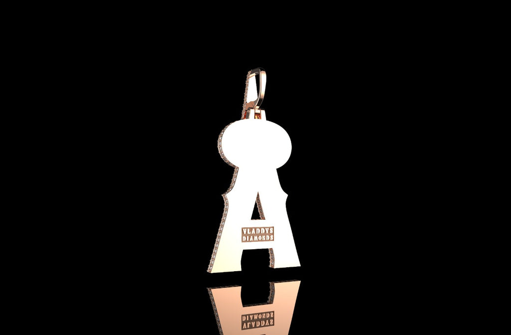 14k rose gold double layer custom initial "a" diamond pendant with profile diamonds