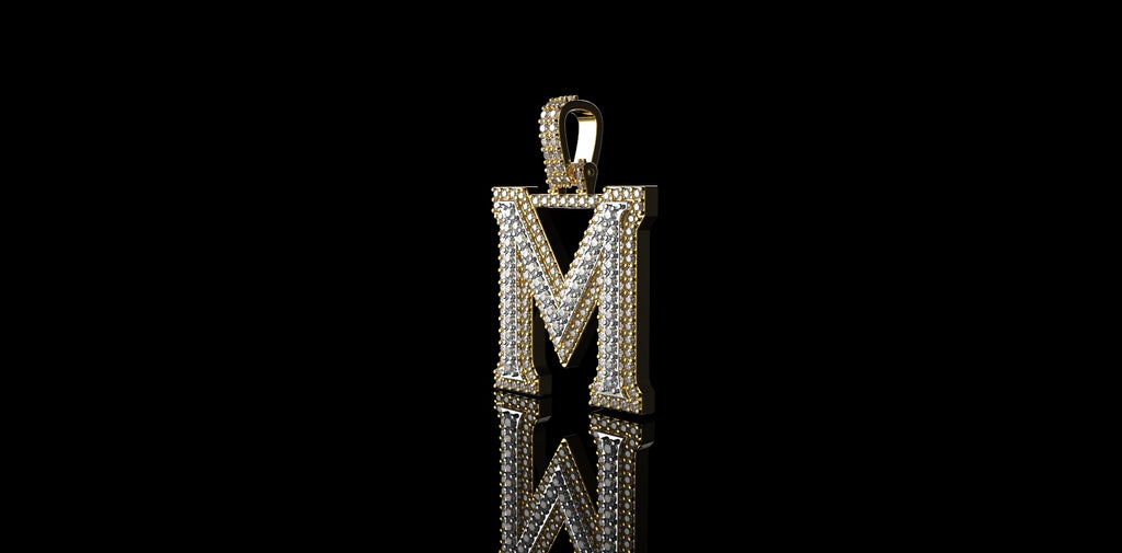14k 2 tone yellow and white gold double layer initial M diamond pendant