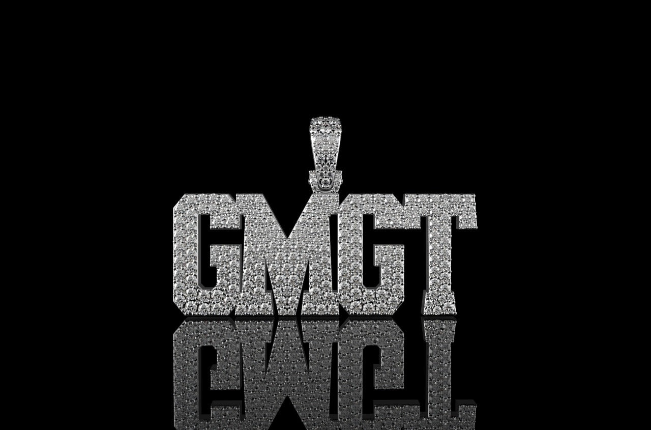 14k white gold custom "gmgt" style diamond pendant
