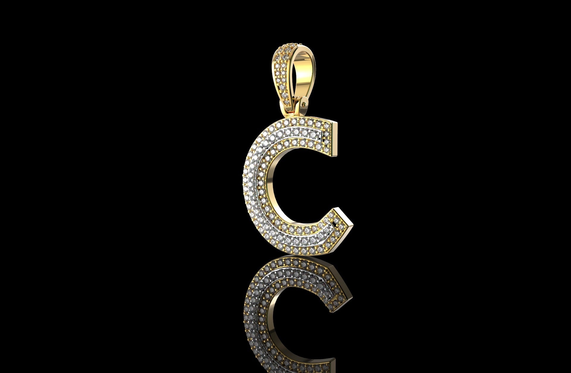 14k 2 tone yellow and white gold double layer initial C diamond pendant