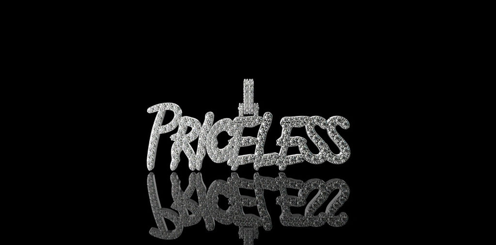 14k white gold "priceless" style custom diamond pendant