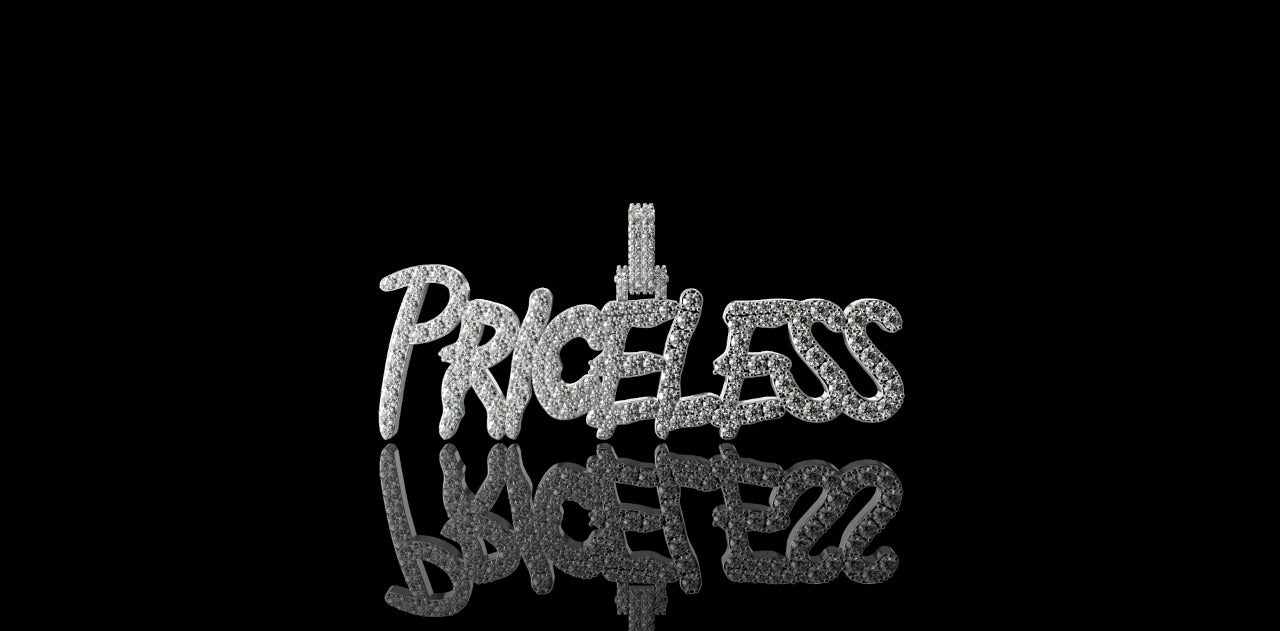 14k white gold "priceless" style custom diamond pendant